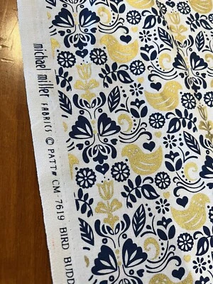 4.5 Yds Michael Miller Bird Buddies Navy Metallic Gold Fabric - Image 1 of 4