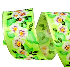 Lavender Floral 1.5" x 2 yd Green Satin Wired Ribbon Watercolor Blossoms Spring - Picture 1 of 3