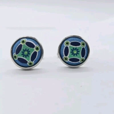 Gemelos Art Deco para hombre azul y verde tela tela gemelos camisa .5 pulgadas redonda Foto 1 de 4