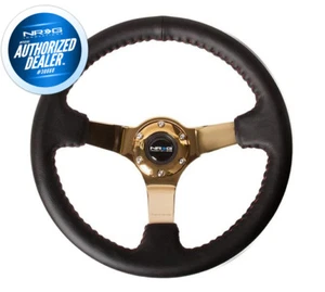 NEW NRG Deep Dish Steering Wheel Black Leather Red Stitch Gold Center RST-036GD - Picture 1 of 2