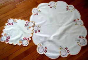 Antike edwardianische Set 2 Küchentischdecke & Dolly H embr/ry gleiches Frühlingsdesign - Bild 1 von 5