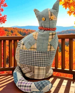 Handmade Quilted Patchwork Cat From Vintage Quilts 14" Cottagecore Primitive - Picture 1 of 19