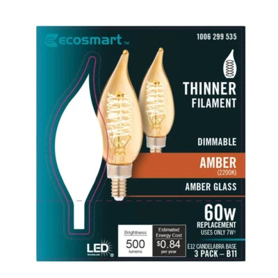 Ecosmart B11 Dimmable E12 Candelabra LED Light Amber 2200k Bulbs 60 Watt 3 Pack - Image 1 of 4