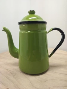 VTG 1950 AVOCADO GREEN & BLACK ENAMEL TEA KETTLE / COFFEE POT BY OTTO MADE JAPAN - Picture 1 of 8