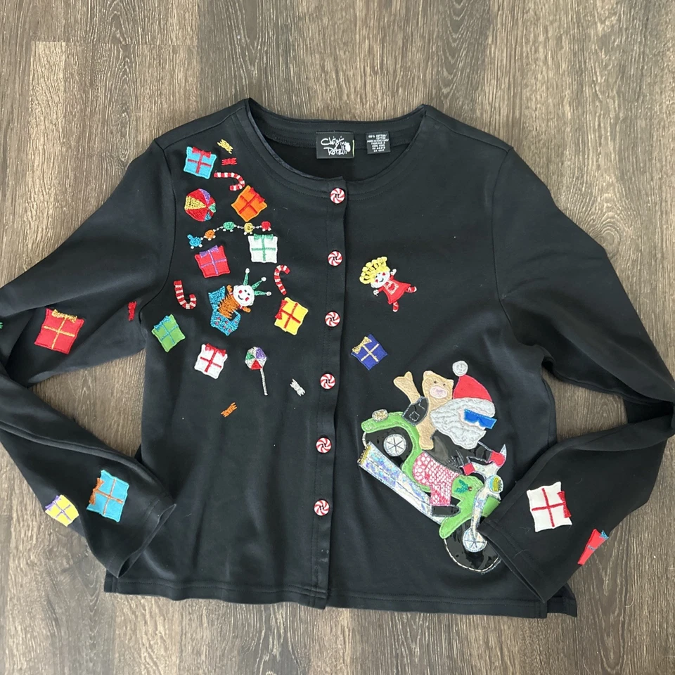 Christina Rotelli Adornado Suéter Cárdigan Navidad Vacaciones Santa S COMO NUEVO Foto 1 de 4