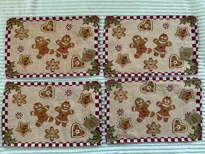 Set Of 4 NWT Gingerbread Tapestry Placemats, Christmas Plaid Cookies - Image 1 of 4