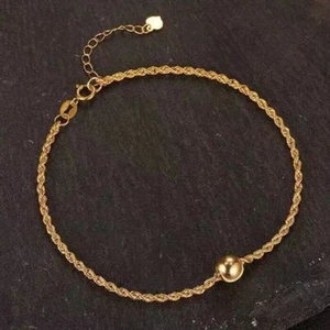 18K Solid Gold Twist Chain Bracelet Cat eye Bead Beautiful Charm Jewelry 7.1" - Picture 1 of 12