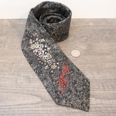 Corbata calavera vintage Ed Hardy flor de cerezo por Christian Audigier seda hecha a mano Foto 1 de 4