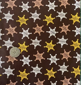SHERIFF BADGE COWBOY WESTERN BROWN 100% COTTON FABRIC QUILTING SEWING - Picture 1 of 1
