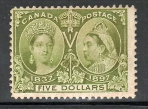 1897 UN #65 5$ Olive Green QV Jubilee Slightly Toned Gum & Small HR, VG/F Mint. - Picture 1 of 2