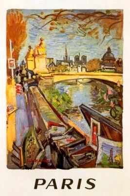 PARIS SEINE RIVER BANKS ARTISTS PAINTING SHOW TRAVEL FRENCH VINTAGE POSTER REPRO - Image 1 of 3