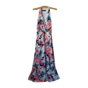 Leslie Fay Womens 10 Faux Wrap Floral Maxi Dress Blue - Picture 1 of 8