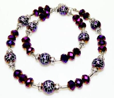 Halskette Collier Perlen Glas glanz Krakelee purple Lila Strass 156b - Bild 1 von 4