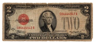 US $2.00 (Red Seal) Note - Series 1928D - Circulated - Image 1 of 2