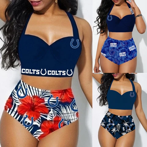 Indianapolis Colts 2PCS Women's Floral Bikini Butt Lift Swimsuit Bathing Suit Cover