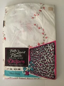 NIP Vtg Floral PLASTIC FULLY LINED DRAPES 84” LONG Red Brown Gold MCM Retro - Picture 1 of 4
