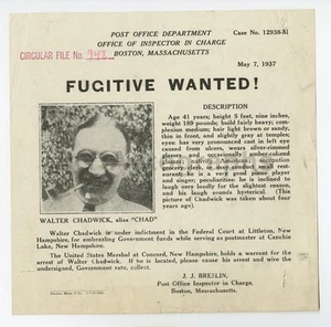 Wanted Notice - Walter Chadwick/Embezzlement - Boston, Massachusetts - 1937 - Picture 1 of 1