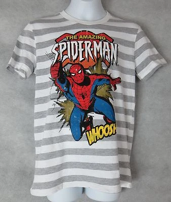 Amazing Spiderman Boys T-Shirt Gray and White Striped Licensed Distressed Look - Image 1 of 4