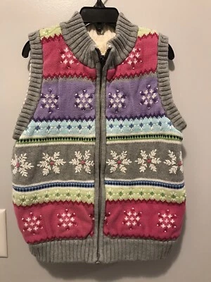 Girls Colorful Knit & Fur Lined Reversible Vest W/Snowflakes Appox Size 6-8 - Image 1 of 4