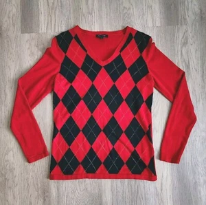 Tommy Hilfiger Argyle Pullover Sweater Red Blue Gold Diamond V Neck Women's M - Picture 1 of 11