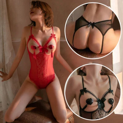 Sexy Lencería de Encaje para Mujer Copa Abierta Una Pieza Ropa para Dormir Sin Copa Babydoll Body Foto 1 de 4