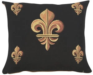 Jacquard Woven Throw Pillow Cover | Five Fleur de Lys on Black | 19x19 in New - Picture 1 of 12