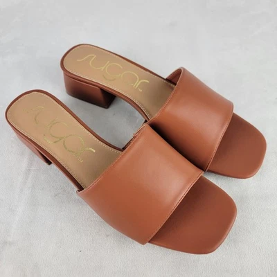 Sugar Women's Cognac Brown Faux Leather Block Heel Slide Sandals 8.5 Fall Autumn - Image 1 of 4