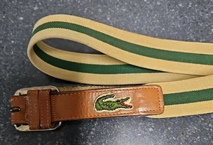 Vintage Lacoste Green Khaki Striped Elastic Belt Preppy Leather Brass Buckle 38 - Picture 1 of 5