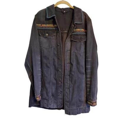 Free People Dark Wash Denim Oversized Bohemian Embroidered Jacket Size Large - Image 1 of 4