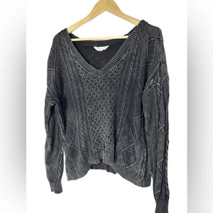 Gray Distressed V-Neck Cable Knit Slouchy Pullover Sweater Size XXL - Picture 1 of 4
