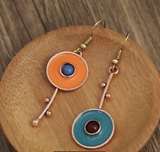 Museum Geometric Earrings Asymmetric Gold Tone Drop Modern Art Orange Turquoise