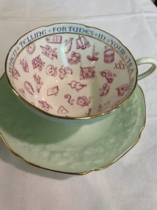 Taza de té y platillo de colección Paragon Fortune Telling verde menta hueso raro China Inglaterra - Imagen 1 de 7