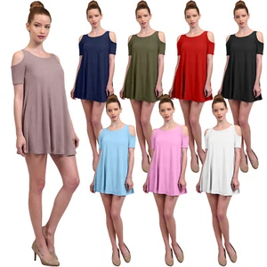 Women's Casual Solid Off Shoulder Short Sleeve Flowy Shift Dress [NEWDR115] - Picture 1 of 17
