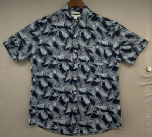 Amazon Essentials Hawaiian Shirt LARGE SLIM Blue Tropical Palm Leaves Beach Camp - Picture 1 of 16