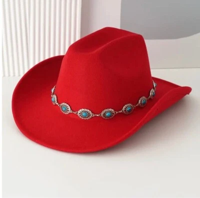 Red Cowgirl Hat with Turquoise Metal Belt, Western Theme Costume - Image 1 of 2