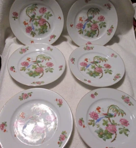 6 Vintage Porcelain Crown Czechoslovakia Dinner Plates Exotic Birds & Flowers - Picture 1 of 9