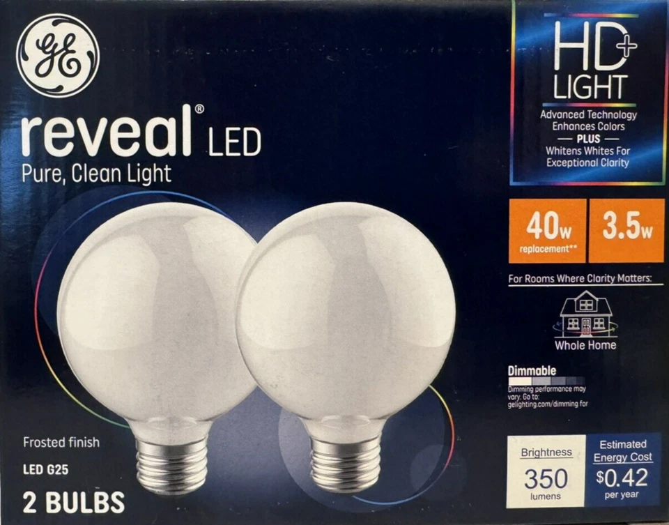 2 GE Reveal HD+ Light 40-Watt Frosted White G25 Globe Shape LEDs w/Medium Base - Image 1 of 1