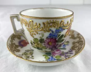 Antique Meissen Floral & Gold Demitasse ~ Cup & Saucer ~ Crossed Swords - Picture 1 of 22