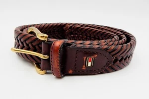 Tommy Hilfiger Brown Black Belt Size 40 Herringbone Braided Leather Gold Buckle - Picture 1 of 9