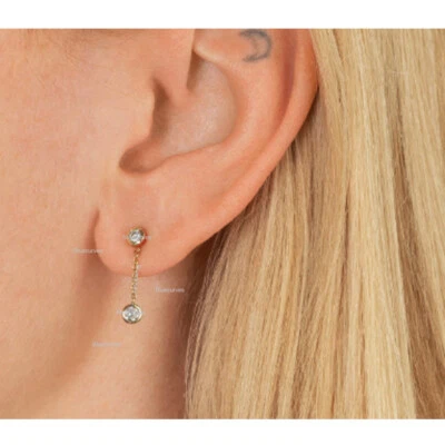 Solitaire Natural Diamond Mini Ear Jacket Chain Earring in Solid 14k Yellow Gold - Image 1 of 4