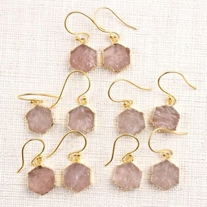 14 mm Hexagon Raw Genuine Pink Rose Quartz Gold Plated Dangle Handmade Earrings - Picture 1 of 4