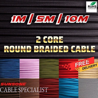 1m | 5m | 10m Fabric Cable 2 Core Round Lighting Lamp Flex Cord Electrical Wire - Image 1 of 4