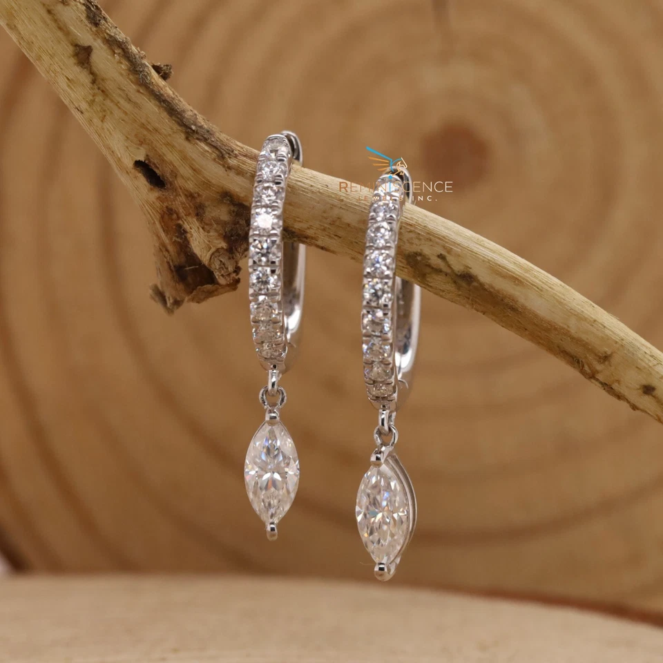 Lab Grown Marquise Cut Diamond 14K Gold Drop Hoop Earrings For Her Danity Gift - Image 1 of 4