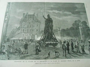 Gravure 1883 - Transport de la Statue de la républiqe place du Chateau d'Eau - Imagen 1 de 1