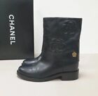 CHANEL 2016 Camellia Flower Black Leather Mid Calf Boots Sz.39