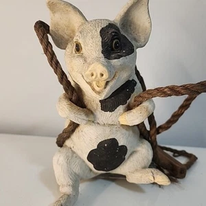 Happy Pig on Rope Swing Vintage Figurine - Picture 1 of 18