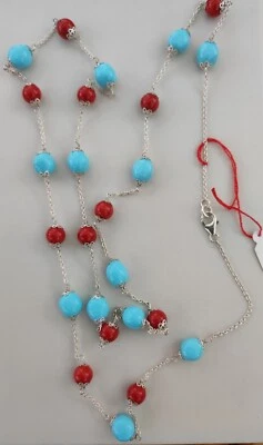 Collana Catena Argento Corallo Bambù E Pasta Di Turchese - Immagine 1 di 3