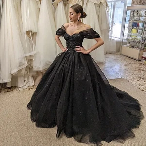 Gothic Black Wedding Dresses With Beaded Lace Appliques Bridal Gowns Court Train - Picture 1 of 9