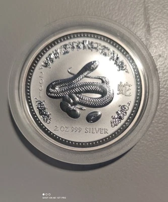 Lunar I 2001 Schlange  2 OZ Unze Silber Münze  2 Dollar Australia Coin - Bild 1 von 2