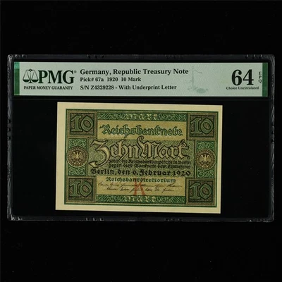 1920 Germany Republic Treasury Note 10 Mark Pick#67a PMG 64 EPQ Choice UNC - Image 1 of 4